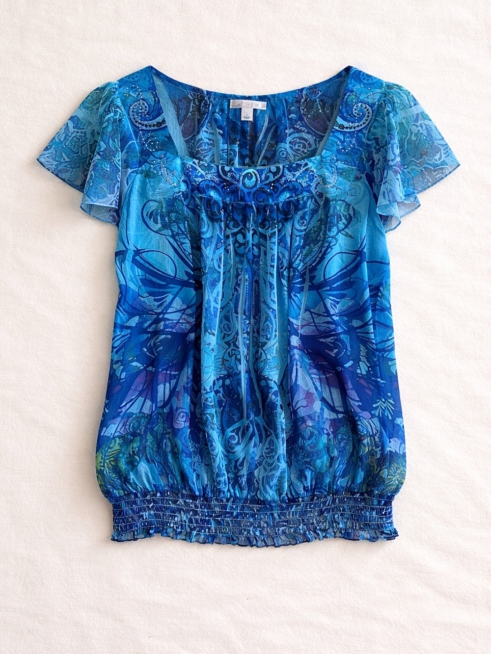 Y2K DressBarn Blue Abstract Paisley Blouse Smocked Hem Flutter Sleeve